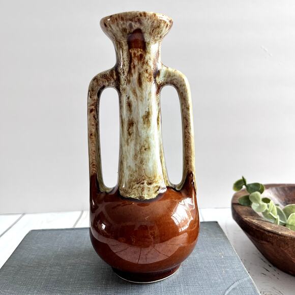 Vintage Hull Pottery Brown Drip Glaze Vase 2 Handles Brown USA Mid Century #100 - Picture 3 of 7